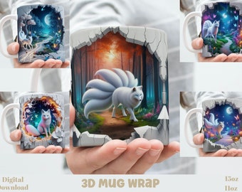 Effet 3D Renard à neuf queues Mug wrap, 11 oz et 15 oz créature mythique Mug Wrap sublimation, téléchargement numérique instantané, modèle PNG
