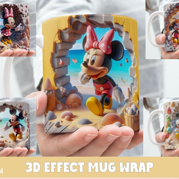 3D Effect Hole In A Wall Classic Mickey Minnie Mug Wrap, 11 oz & 15 oz Mug Bundle Sublimation Wrap, Instant Digital Download, PNG Template