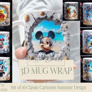 3D Effect Summer Classic Cartoon Character Mug Wrap, 11 oz & 15 oz Mug Bundle Sublimation Wrap, Instant Digital Download, PNG Template