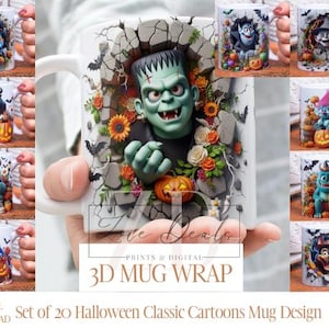 3D-Effekt Halloween Classic Cartoon Charakter Mug Wrap, 11 Unze und 15 Unze Mug Bundle Sublimation Wrap, sofortiger digitaler Download, PNG-Vorlage