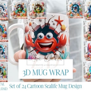 Efekt 3D Cartoon Sealife Kubek Wrap, Lato 11 oz i 15 oz Sublimacja Pakiet Kubek Wrap, Natychmiastowe Pobieranie Cyfrowe, PNG Szablon