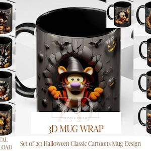 3D Effect Halloween Classic Cartoon Characters Mug Wrap, 11 oz & 15 oz Mug Bundle Sublimation Wrap, Instant Digital Download, PNG Template
