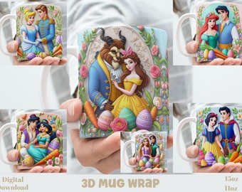 Emballage de tasse de couple de dessin animé classique de Pâques brodé 3D, emballage de tasse de paquet de sublimation de 11 oz / 15 oz, téléchargement numérique instantané, modèle PNG