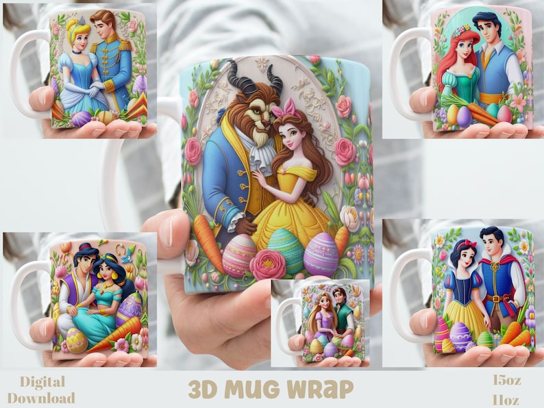 May include: Set of six 15oz sublimation 3D mug wraps featuring Disney princess couples with Easter-themed decorations. The designs include Cinderella and Prince Charming, Belle and the Beast, Ariel and Prince Eric, Jasmine and Aladdin, Snow White and Prince Charming, and Rapunzel and Flynn Rider.