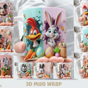 3D-effect klassieke cartoons met paashaas mok wrap, 11 oz & 15 oz mok bundel sublimatie wrap, instant digitale download, PNG-sjabloon