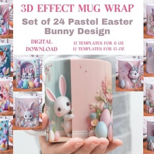May include: Set of 24 digital printable mug wrap designs featuring pastel Easter bunnies. The designs include 12 templates for 11 oz mugs and 12 templates for 15 oz mugs.