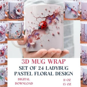 3D Effect Ladybug Pastel Floral Mug Wrap, 11 oz & 15 oz Crack Wall Bundle Sublimation Mug Wrap, Instant Digital Download, PNG Template