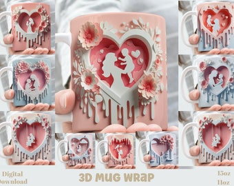 3D Effect Mom And Child Heart Mug Wrap, Mother's Day Sublimation Bundle Mug Wrap 11oz / 15oz, Instant Digital Download, PNG Template