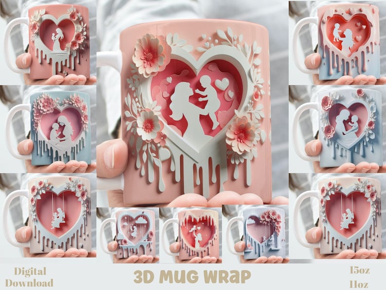 May include: A digital download for a 3D mug wrap design featuring a mother and child silhouette inside a heart with pink and white flowers. The text "3D MUG WRAP" is at the bottom of the image. The mug is 15oz.