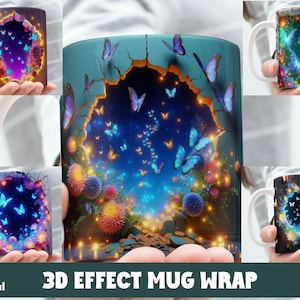 3D Effect Hole In A Wall Bioluminescent Butterfly Mug Wrap, 11oz & 15oz Mug Bundle Sublimation Wrap, Instant Digital Download, PNG Template