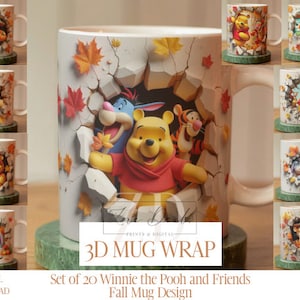 3D Effect Classic Cartoon Character Fall Theme Mug Wrap, 11 oz & 15 oz Mug Bundle Sublimation Wrap, Instant Digital Download, PNG Template