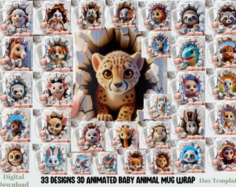 3D Animated Effect Hole In A Wall Baby Animals Mug Wrap, 11 oz  Mug Bundle Sublimation Wrap, Instant Digital Download, PNG Template