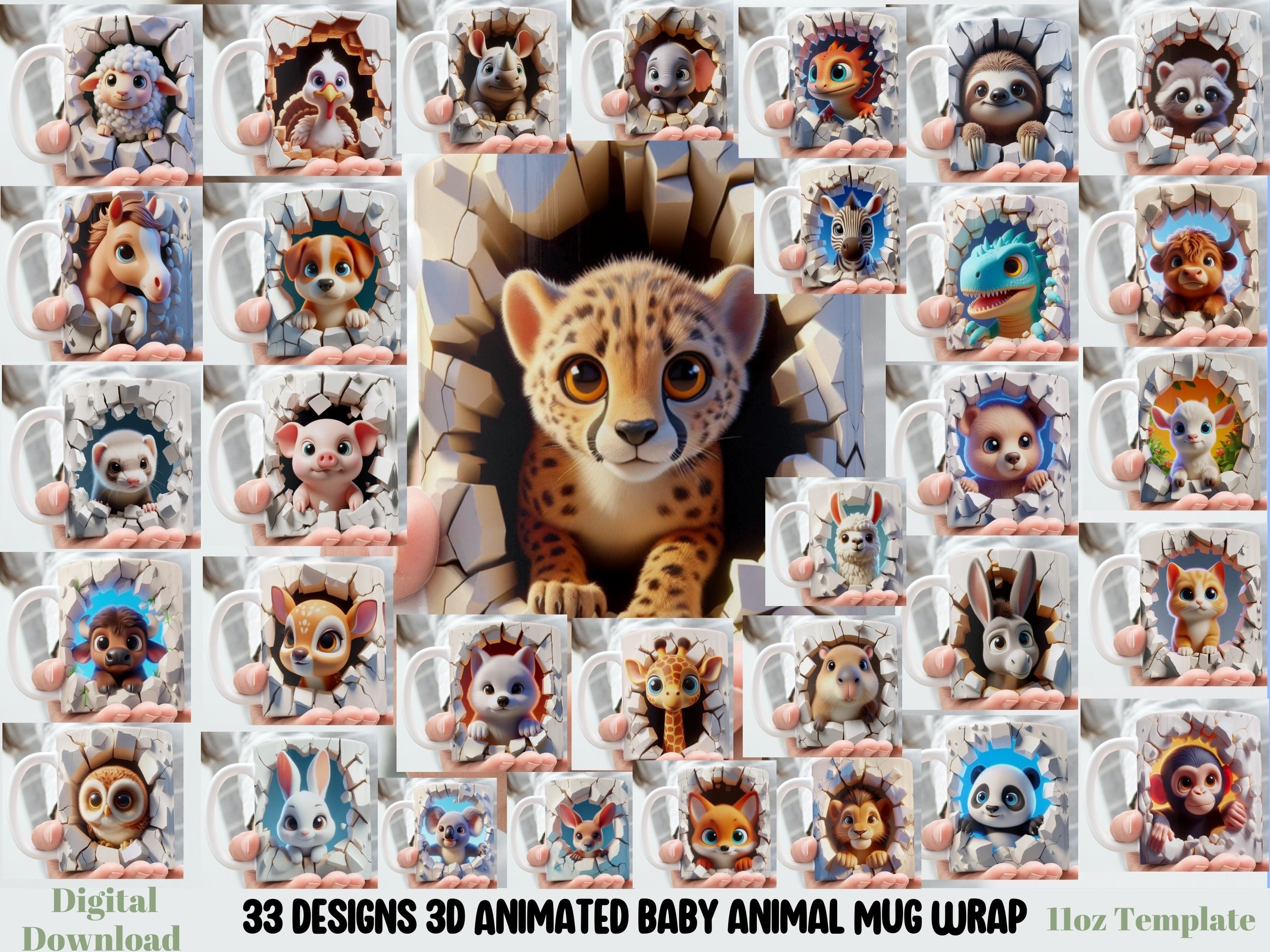 3D Animated Effect Hole In A Wall Baby Animals Mug Wrap, 11 oz  Mug Bundle Sublimation Wrap, Instant Digital Download, PNG Template