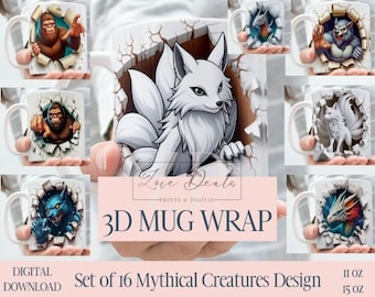 3D Effect Mythical Creatures Mug Wrap, Fantasy Animals Sublimation Bundle Mug Wrap 11oz / 15oz, Instant Digital Download, PNG Template