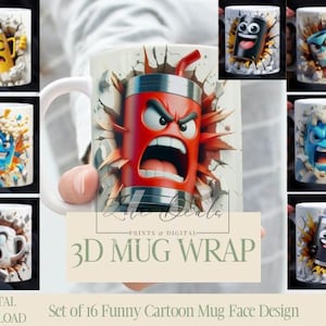 3D-Effekt Lustige Cartoon Kaffeetasse Gesicht Mug Wrap, 11 Unze & 15 Unze Mug Bundle Sublimation Wrap, sofortiger digitaler Download, PNG Vorlage