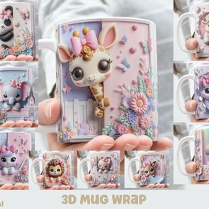 3D Effect Kawaii Animals Mug Wrap, 11 oz & 15 oz Sublimation Bundle Mug Wrap, Instant Digital Download, PNG Template