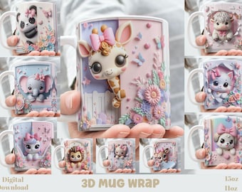 3D Effect Kawaii Animals Mug Wrap, 11 oz & 15 oz Sublimation Bundle Mug Wrap, Instant Digital Download, PNG Template