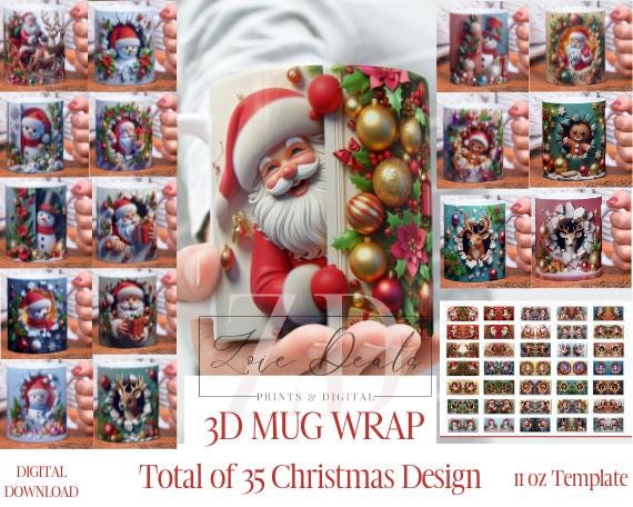 3D Christmas Mug Wrap: 11oz Holiday Coffee Design (Digital Download)