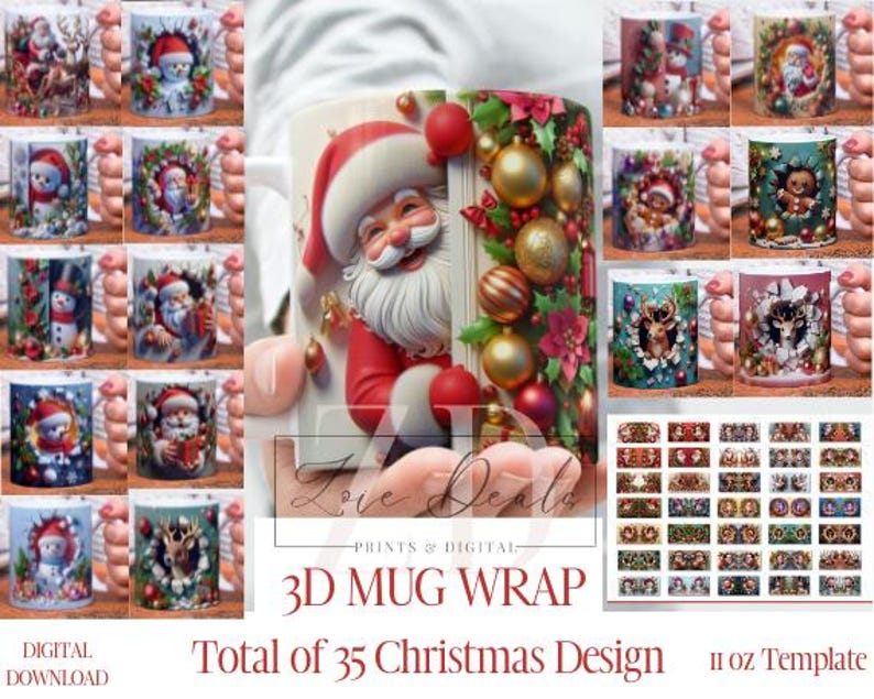 May include: A set of 35 Christmas-themed designs for 11-ounce mugs. The designs feature Santa Claus, reindeer, snowmen, wreaths, and other festive elements. The designs are perfect for creating personalized mugs for the holiday season.