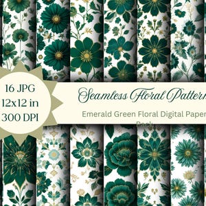 Seamless Emerald Green Floral Pattern Digital Paper Bundle, Spring Blossom Backgrounds for Scrapbook, Wall Art and More, Instant Download