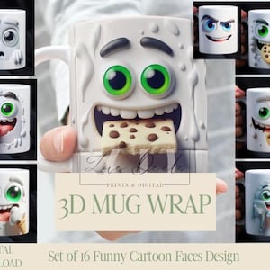 3D Effect Funny Cartoon Faces Eating Mug Wrap, 11 oz & 15 oz Mug Bundle Sublimation Wrap, Instant Digital Download, PNG Template