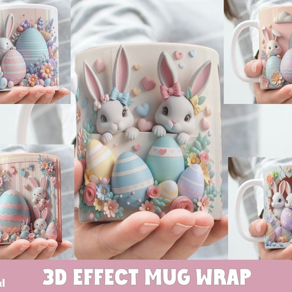 3D Effect Pastel Floral Easter Bunnies Mug Wrap, 11 oz & 15 oz Mug Bundle Sublimation Wrap, Instant Digital Download, PNG Template