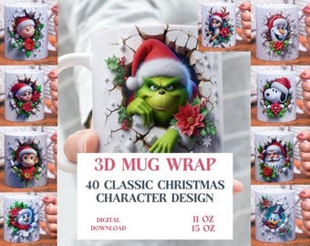 Envoltura para taza con personajes navideños en 3D: Diseño de taza de café navideña (descarga digital)