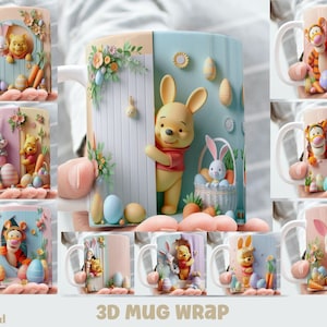3D-Effekt Winnie und Tigger mit Osterhasenbecher Wrap, 11 Unze und 15 Unze Becher Bundle Sublimation Wrap, sofortiger digitaler Download, PNG-Vorlage