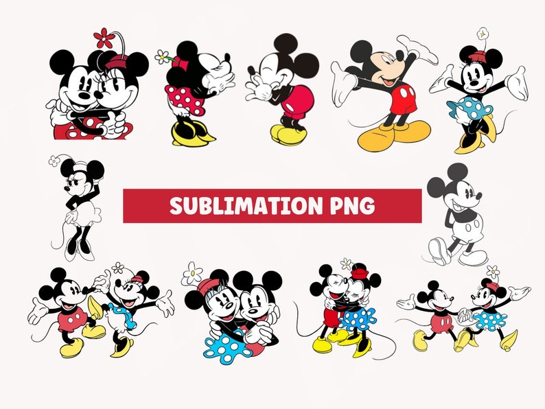Puede incluir: Un conjunto de 10 im&aacute;genes digitales con Mickey Mouse y Minnie Mouse en varias poses. Las im&aacute;genes est&aacute;n en blanco y negro y en color, e incluyen una variedad de expresiones. Las im&aacute;genes son perfectas para usar en manualidades, scrapbooking u otros proyectos creativos.