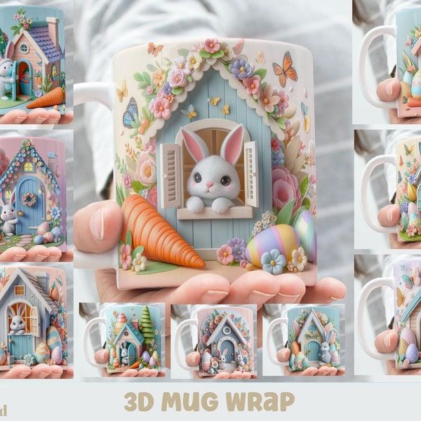 3D Effect Easter Bunny At Gnome House Mug Wrap, 11 oz & 15 oz Mug Bundle Sublimation Wrap, Instant Digital Download, PNG Template