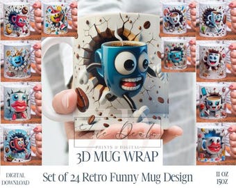 Retro lustige Kaffeetasse Wrap: 3D-Effekt PNG Vorlage (digitaler Download)