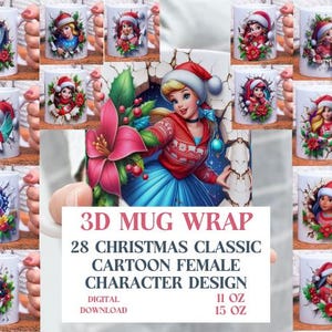 3D Christmas Cartoon Female Character Mug Wrap, 11 oz & 15 oz Holiday Bundle Sublimation Mug Wrap, Instant Digital Download, PNG Template