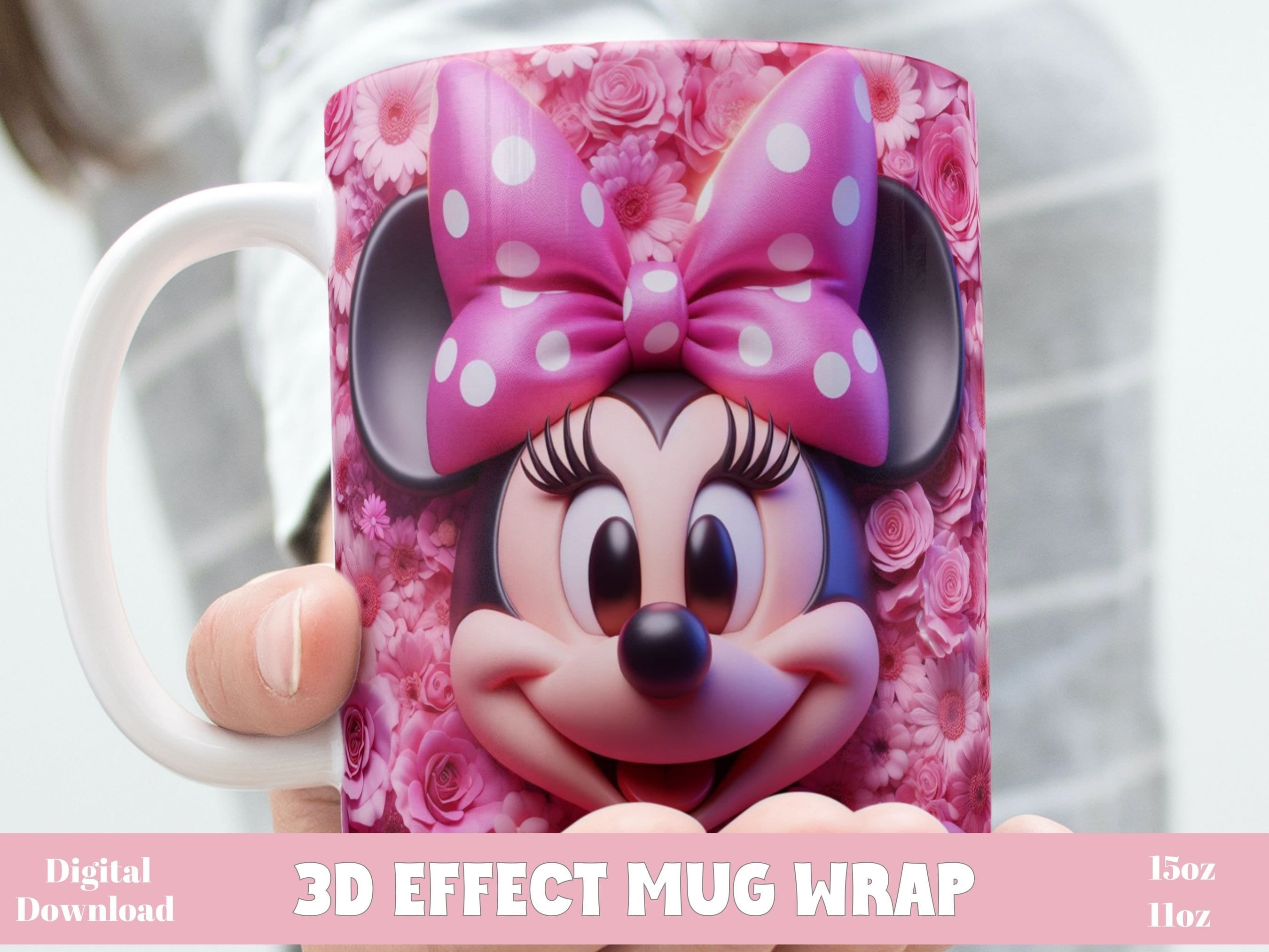 3D Effect Classic Minnie Mug Wrap, Pink Floral 11 oz & 15 oz Mug Sublimation Wrap, Instant Digital Download, PNG Template