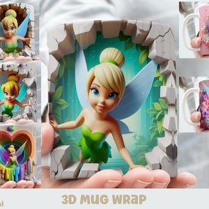 3D-Effekt Loch in einer Wand Klassische Tinker Bell Becherverpackung, 11 Unzen und 15 Unzen Becher Bundle Sublimation Wrap, sofortiger digitaler Download, PNG-Vorlage