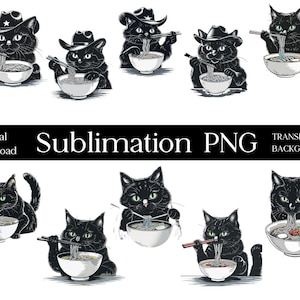 Paquete PNG de gato con fideos, archivo de sublimación de paquete de gato lindo, PNG de fideos japoneses, PNG de gato ramen de dibujos animados, descarga digital instantánea