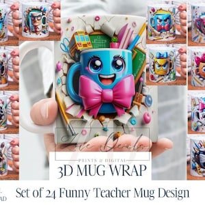 May include: Set of 24 funny teacher mug designs featuring colorful illustrations of teachers, students, and school supplies. The mugs are 11 oz and 15 oz.