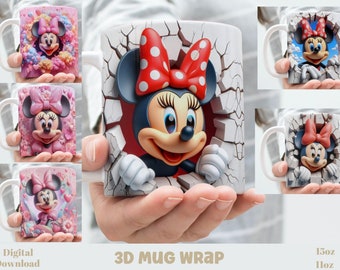 3D Effect Hole In A Wall Classic Minnie Mug Wrap, Cartoons 11 oz & 15 oz Mug Bundle Sublimation Wrap, Instant Digital Download, PNG Template