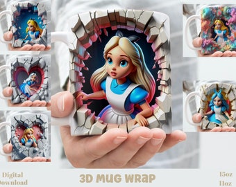 3D Effect Classic Alice In Wonderland Mug Wrap, 11 oz & 15 oz Sublimation Bundle Mug Wrap, Instant Digital Download, PNG Template