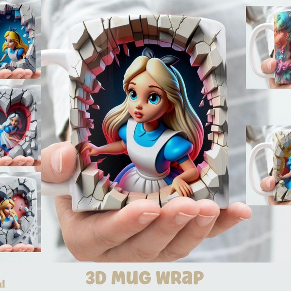 Emballage pour tasse effet 3D classique Alice au pays des merveilles, emballage pour tasse à sublimation 11 oz et 15 oz, téléchargement numérique instantané, modèle PNG