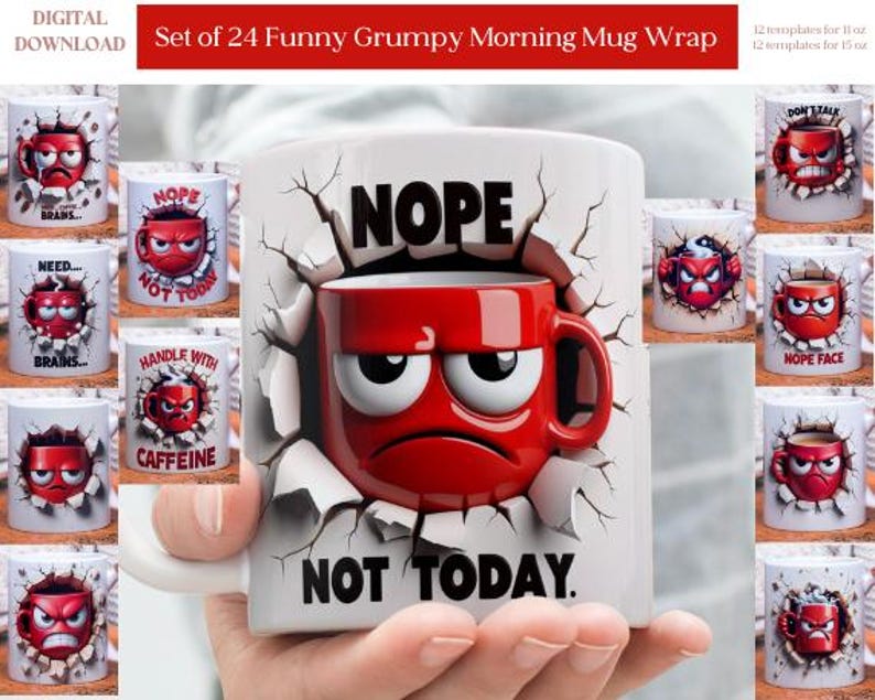 3D Effect Grumpy Morning Mug Wrap, 11 Oz & 15 Oz Funny Emotion Face Mug ...
