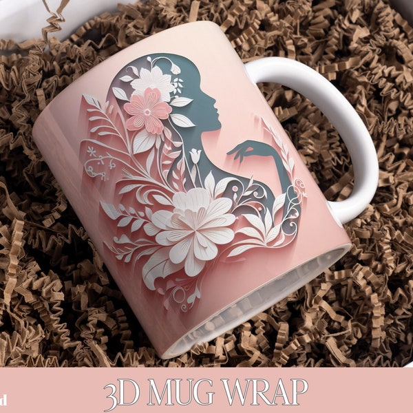 3D Woman Silhouette Pastel White Floral Mug Wrap, 11 oz & 15 oz Mug Sublimation Wrap, Instant Digital Download, PNG Template