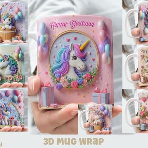 Könnte beinhalten: Ein Set mit 3D-Tassenhüllen mit einem Einhorn mit Ballons, Blumen und dem Text "Happy Birthday". Die Hüllen sind für 11oz und 15oz Tassen konzipiert.