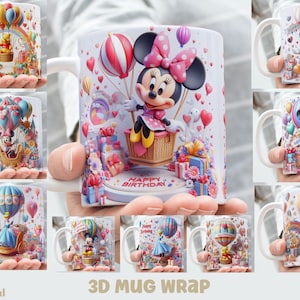 3D Effect Birthday Classic Cartoons Mug Wrap, 11 oz & 15 oz Mug Bundle Sublimation Wrap, Instant Digital Download, PNG Template