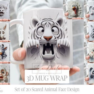 May include: Set of 20 11 oz and 15 oz white ceramic mugs with 3D printed designs of scared animal faces. The designs include a tiger, zebra, elephant, chicken, panda, and more.
