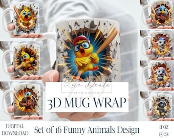 Emballage pour tasse effet 3D animaux rigolos, lot de emballages pour tasse à sublimation animaux sauvages de baseball animaux 11 oz et 15 oz, téléchargement immédiat, modèle PNG