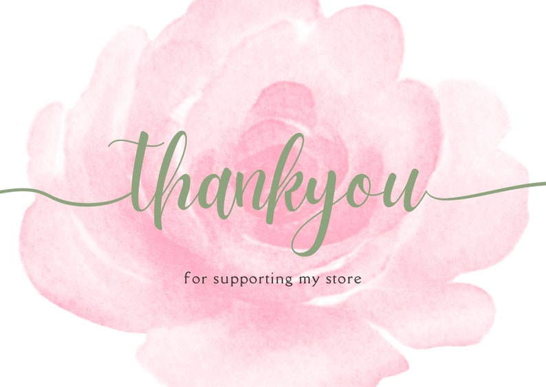 Puede incluir: Una flor rosa acuarela con el texto "gracias" y las palabras "por apoyar mi tienda" debajo.