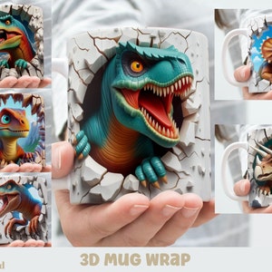 May include: A set of four 3D mug wraps featuring different dinosaurs breaking through a cracked wall. The designs include a green T-Rex, a brown velociraptor, a blue velociraptor, and a brown Triceratops.