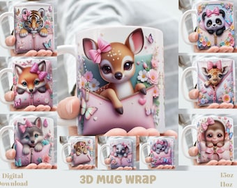 3D Effect Pillow Zipper Animals Mug Wrap, 11 oz & 15 oz Mug Bundle Sublimation Wrap, Instant Digital Download, PNG Template
