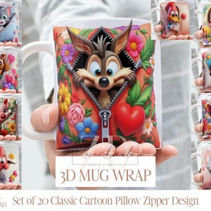 3D Effect Classic Cartoon Pillow Zipper Mug Wrap, 11 oz & 15 oz Mug Bundle Sublimation Wrap, Instant Digital Download, PNG Template