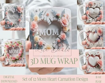 3D Effect Heart Carnation Mom Mug Wrap, Mother's Day Sublimation Bundle Mug Wrap 11oz / 15oz, Instant Digital Download, PNG Template